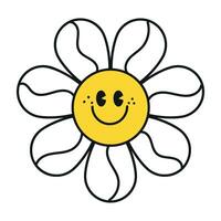 Groovy daisy flowers face collection. Retro chamomile smiles in cartoon style. Happy stickers set from 70s. Vector graphic illustration