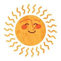 Sun character in cute style, face with a sticker. Sunshine with a smile for kids, doodled in a happy and fun way. Flat vector illustrations isolated in background.