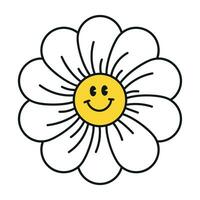 Groovy daisy flowers face collection. Retro chamomile smiles in cartoon style. Happy stickers set from 70s. Vector graphic illustration