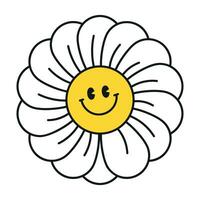 Groovy daisy flowers face collection. Retro chamomile smiles in cartoon style. Happy stickers set from 70s. Vector graphic illustration
