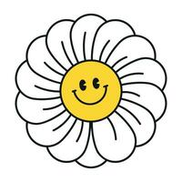 Groovy daisy flowers face collection. Retro chamomile smiles in cartoon style. Happy stickers set from 70s. Vector graphic illustration