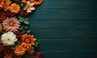 Ai generated Autumn flowers frame on wooden background. Seasonal yellow and red flowers. Autumn background. Space for text. photo