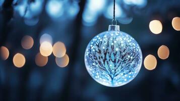 AI Generative Blue Christmas decoration hanging on a tree branch with bokeh background photo