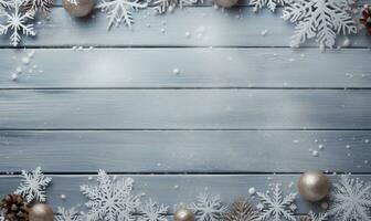 Ai generated Christmas background. Spruce branch and snowflakes frame. Space for text. photo