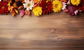 Ai generated Autumn flowers frame on wooden background. Seasonal yellow and red flowers. Autumn background. Space for text. photo