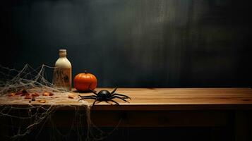 AI Generative Halloween background with pumpkins, spiders and candles on wooden table photo