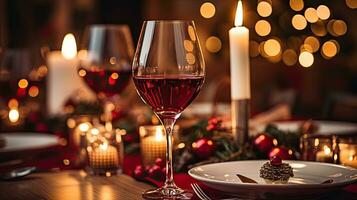 Glasses of wine on a table with Christmas decorations and bokeh. ai generative photo