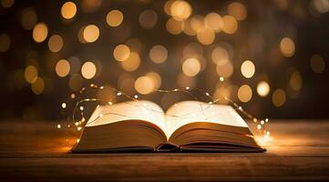 ai generativo abierto libro con brillante luces en bokeh antecedentes. Navidad y nuevo año concepto foto