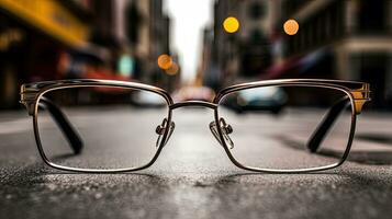 Photo of a pair of glasses sitting on top of a street ai generative