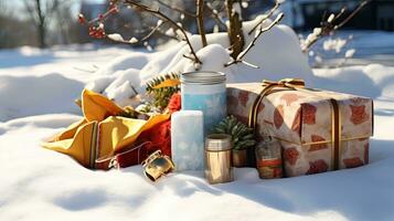 AI Generative Christmas gifts on the white snow in the winter forest. Christmas background photo