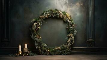 AI Generative Christmas wreath on a dark wooden background with lights and copy space photo