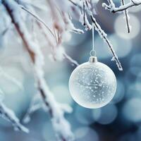 AI Generative White Christmas toy on pine branch. Snow on the pine branch and on the ball. Sunset light. Soft focus. Blurred lights. photo