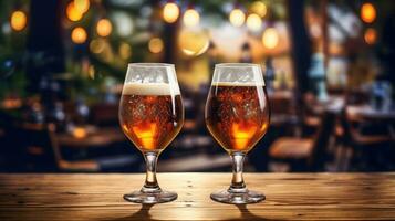 AI Generative Two glasses of beer on a wooden table in a pub. Bokeh lights on background. photo