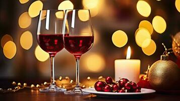 AI Generative Two glasses of red wine with Christmas decoration on bokeh background photo