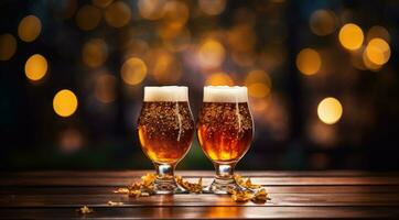 AI Generative Two glasses of beer on a wooden table with bokeh lights in the background. Autumn dry leaves on the table. photo
