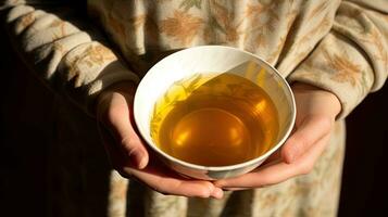 AI Generative A cup of tea in the hands of a girl on a dark background. Woman holds big cup of tea in her hands. photo