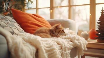 Cute ginger cat lying on sofa at home. Fluffy pet Ai generated photo