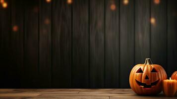 Jack lantern on the table. Halloween night. Burning candles. Halloween background. ai generated image photo