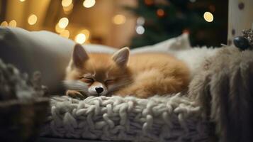 ai generado linda pequeño zorro dormido en sofá en habitación con Navidad árbol y luces foto