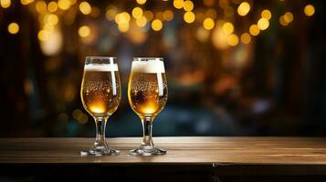 AI Generative Two glasses of beer on a wooden table in a pub. Bokeh lights on background. photo