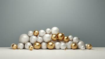 AI Generative White and golden Christmas balls on bokeh background. Christmas and New Year concept photo