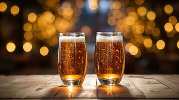 AI Generative Two glasses of beer on a wooden table in a pub. Bokeh lights on background. photo