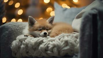 Ai generated Cute little fox sleeping on sofa in room with Christmas tree and lights photo