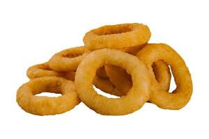 Delicious golden onion rings isolated on white photo