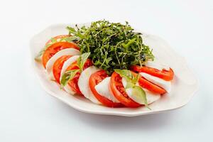 Traditional italian caprice salad tomato mozzarella cheese and basil photo