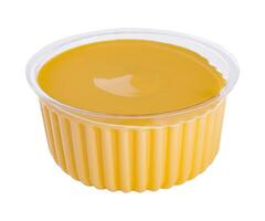 Mustard sauce in plastic bowl isolated on white background photo