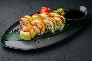 Green dragon sushi roll with shrimp photo