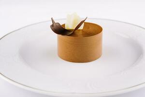 Plate with coffee panna cotta on white photo