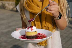 postre con chocolate-vainilla capa, blanco crema y Cereza mermelada foto