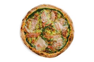 Pizza with bacon and spinach on white background photo