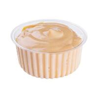 Small pot of garlic mayonnaise isolated photo