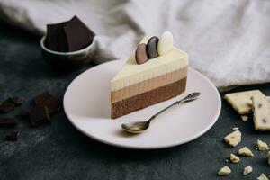 Chocolate Layered Mousse Cake on plate photo