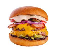 Bacon cheese burger with beef patty tomato onion photo