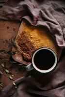 Vintage mug of hot chocolate top view photo