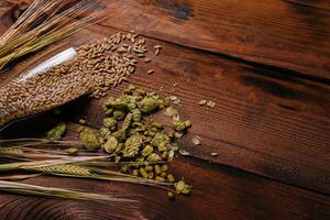 Hop and wheat on wooden background photo