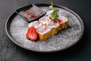 pancakes with whipped cream and strawberries photo