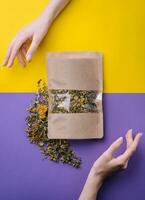 Paper bag with dry loose leaf tea photo