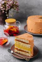 Delicious mango and passion fruit mousse cake photo