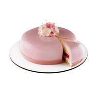 Pink mousse cake with mirror glaze decorated with flowers photo