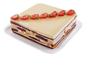 Vanilla and chocolate layered cake with strawberries photo