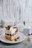 Slice of cherry cheesecake on plate photo