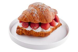 strawberry and fresh cream croissant on plate photo