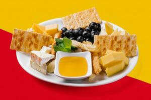 diferente tipos de queso en un blanco plato foto