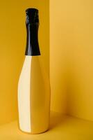 Yellow bottle of champagne on yellow background photo