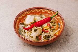 Soup chicken - broth with noodles, herbs, pepper and vegetables on plate photo