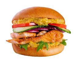 Tasty salmon fish burger isolated on white photo